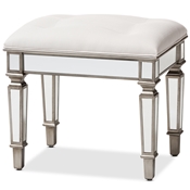 Baxton Studio Marielle Hollywood Regency Glamour Style Off White Fabric Upholstered Mirrored Ottoman Vanity Bench